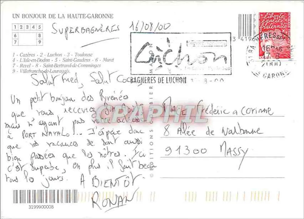 Um cumprimento da Haute-Garonne — Carta postal turística com mapa rodoviário e fotos de locais — Edições Caphil - Verso