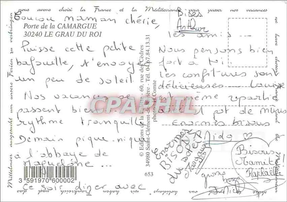 Le Grau du Roi — vista del puerto, del faro y del atardecer — Ediciones Saint-Clement-de-Ré - Reverso