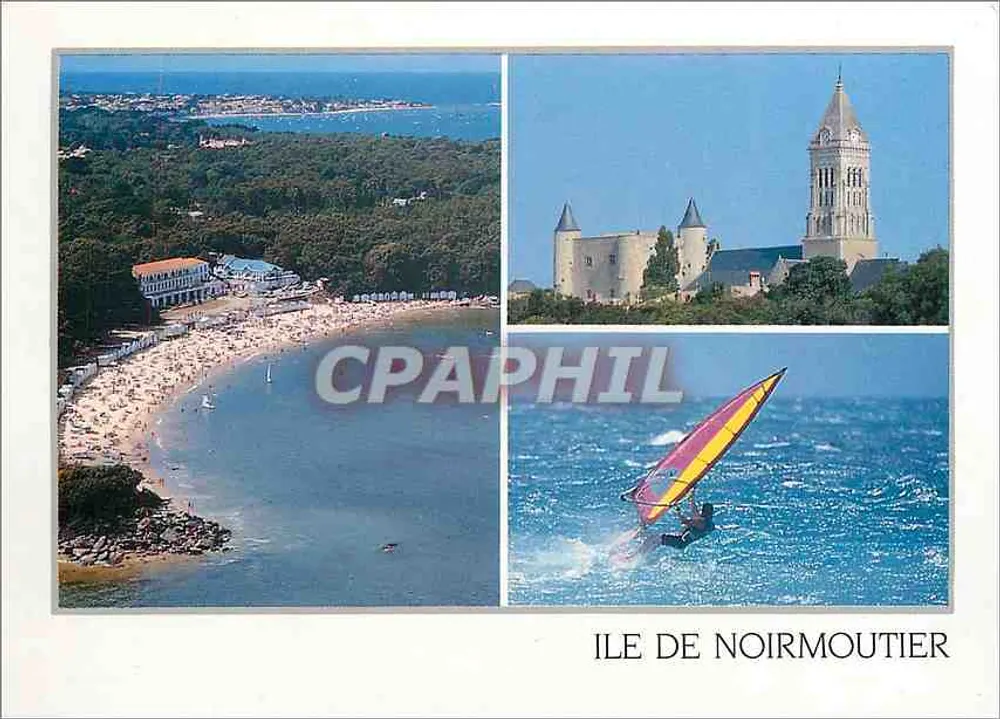 Insel Noirmoutier — luftige Ansicht der Dames-Strand, Kirche Saint-Philibert und Segelbrett - Vorderseite