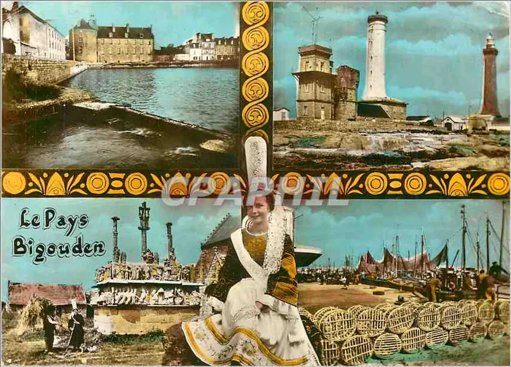 Das Bigouden-Land — zusammengesetzte Ansicht von Hafen, Leuchtturm und traditionellem Kleid — Éditions d'Art Jack - Vorderseite