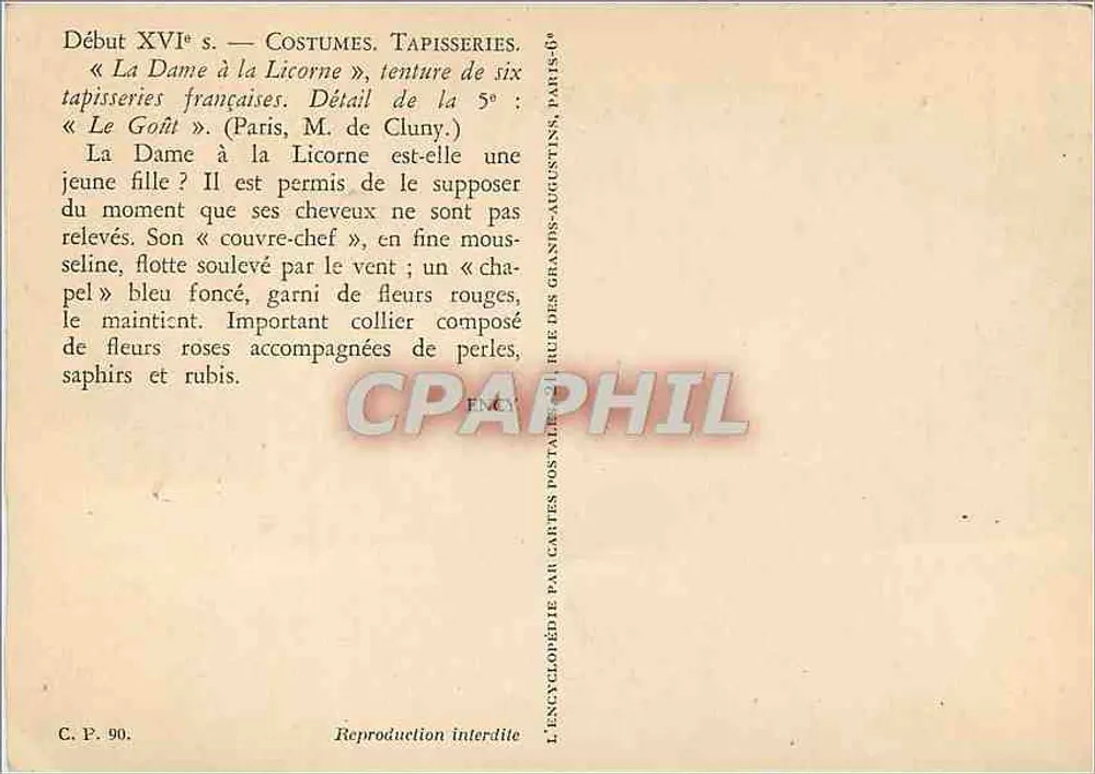A Dama da Licorne — Início do século XVI — Tapeçarias de Cluny — Editor: Grands-Augustins, Paris - Verso