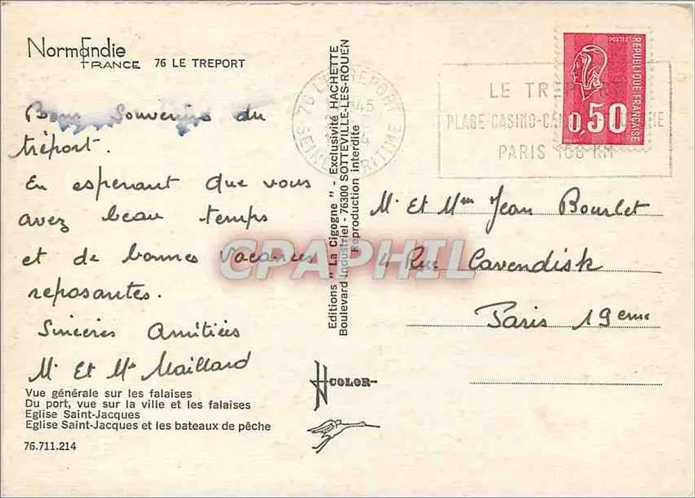 Le Tréport — Vista geral das falésias, da cidade e dos barcos de pesca — Edições 'La Cigogne' Hachette, Boulevard Haussmann, 76300 Le Tréport - Verso