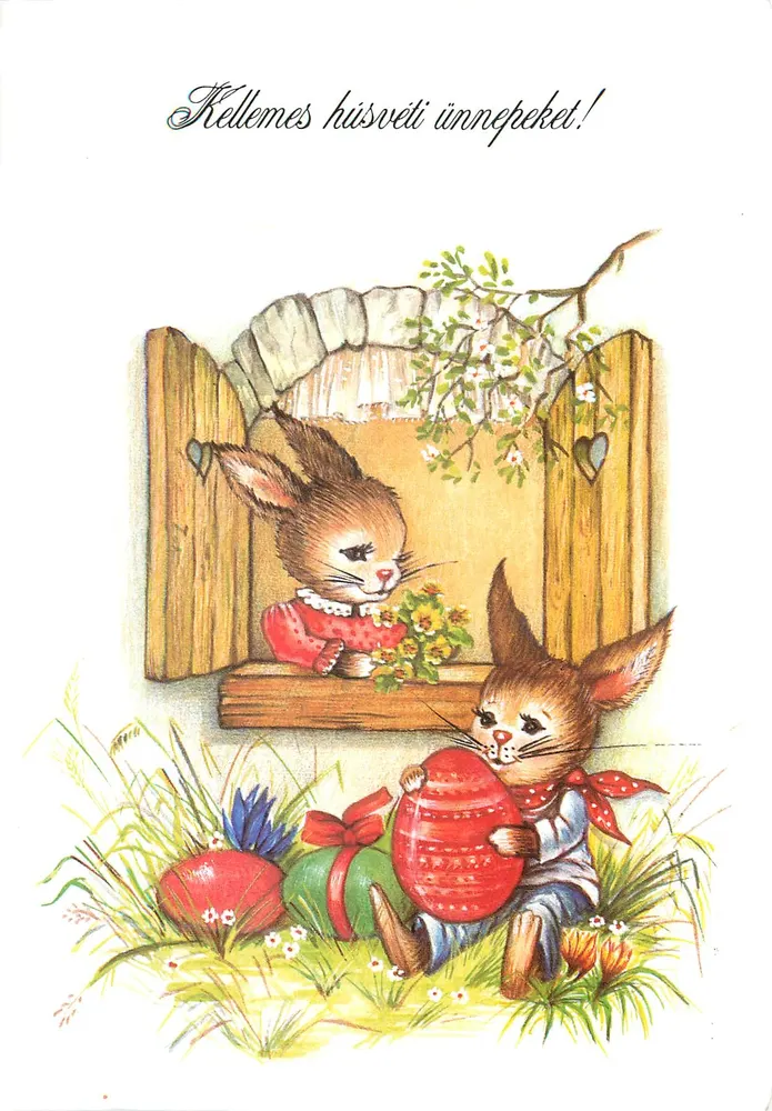 Dois coelhos de Páscoa — cena de jardim - Frente