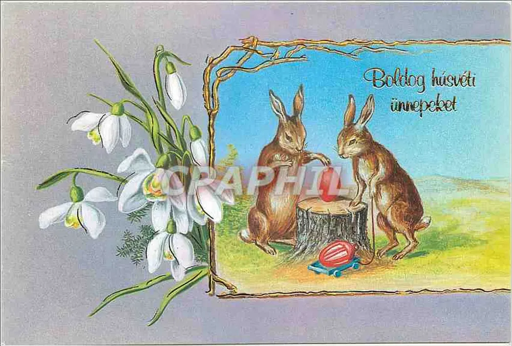 Dois coelhos brincando com um ovo de Páscoa — carta de felicitações húngara — Grafika: Hatvany Józsefné - Frente