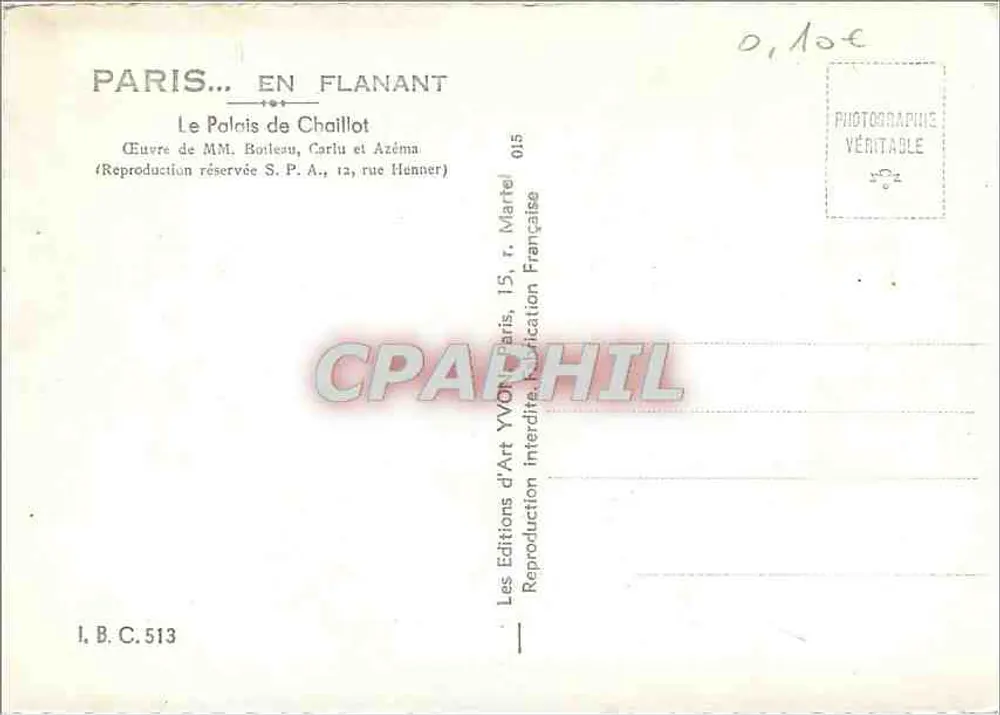 O Palácio de Chaillot — vista aérea — Edições Yvon, Paris - Verso