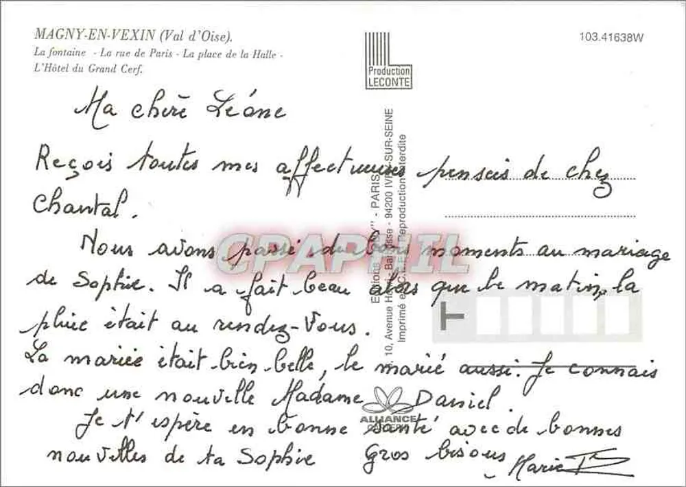 Magny-en-Vexin — vista da fonte, da rue de Paris, da place de la Halle e do Hôtel du Grand Cerf — Produção Leconte - Verso