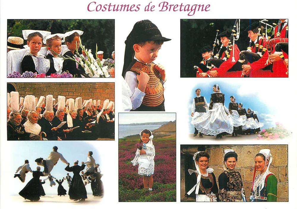 Trajes da Bretanha — Pluneret (perto de Auray), Pontivy, Riec-sur-Bélon, Quimper — n° de série 3 389570 000007 - Frente