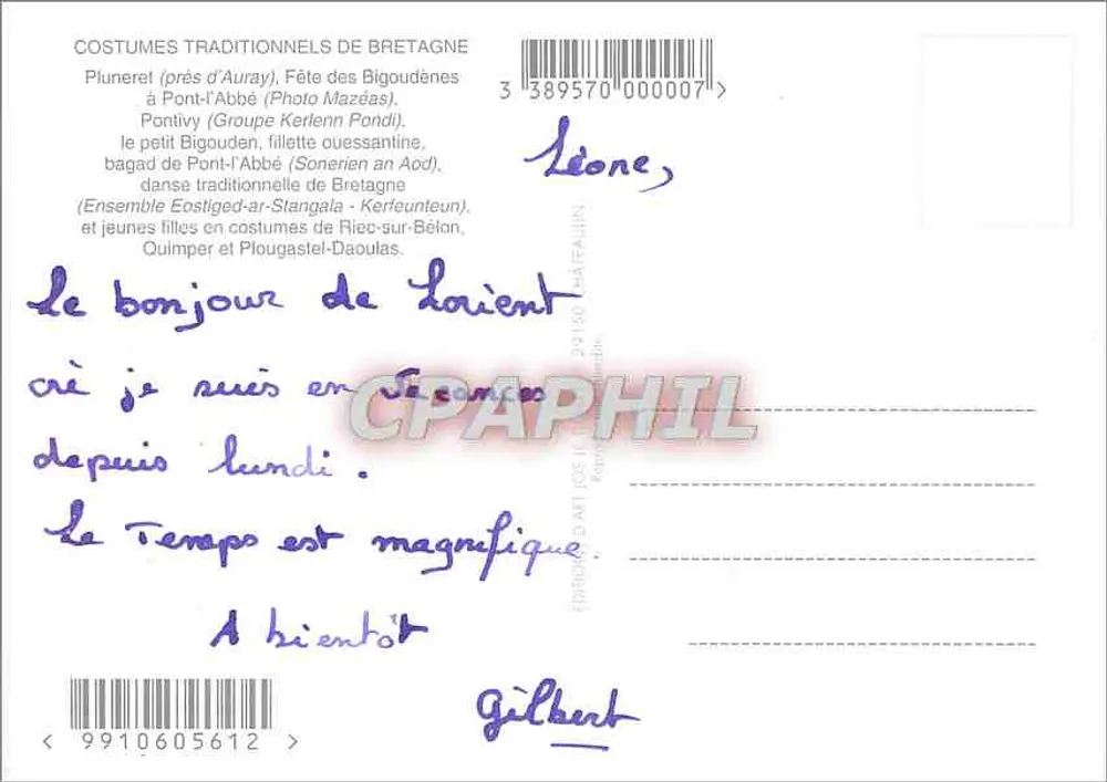 Trajes da Bretanha — Pluneret (perto de Auray), Pontivy, Riec-sur-Bélon, Quimper — n° de série 3 389570 000007 - Verso