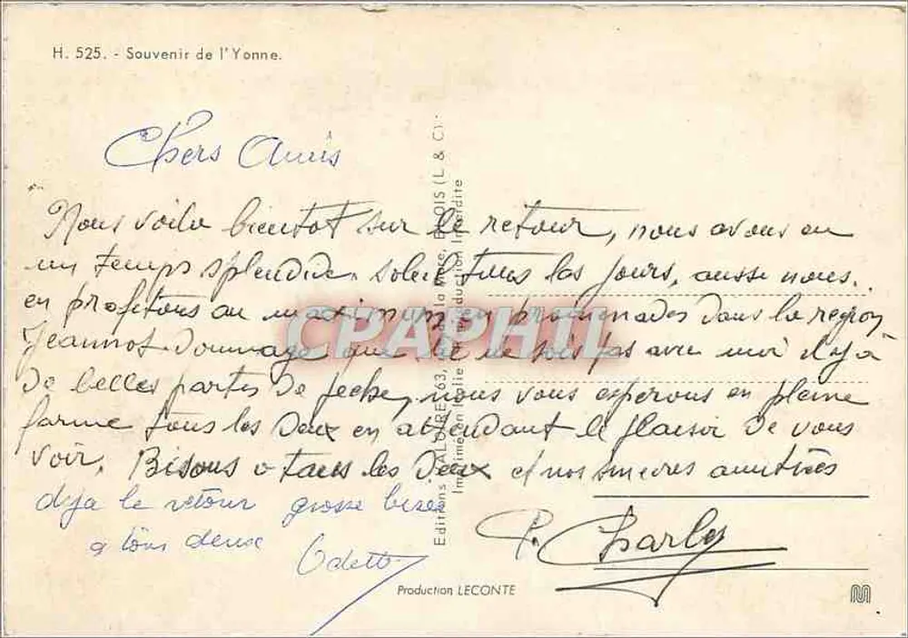 Lembrança da Yonne — Editor LECOINTÉ, n° H. 525 - Verso