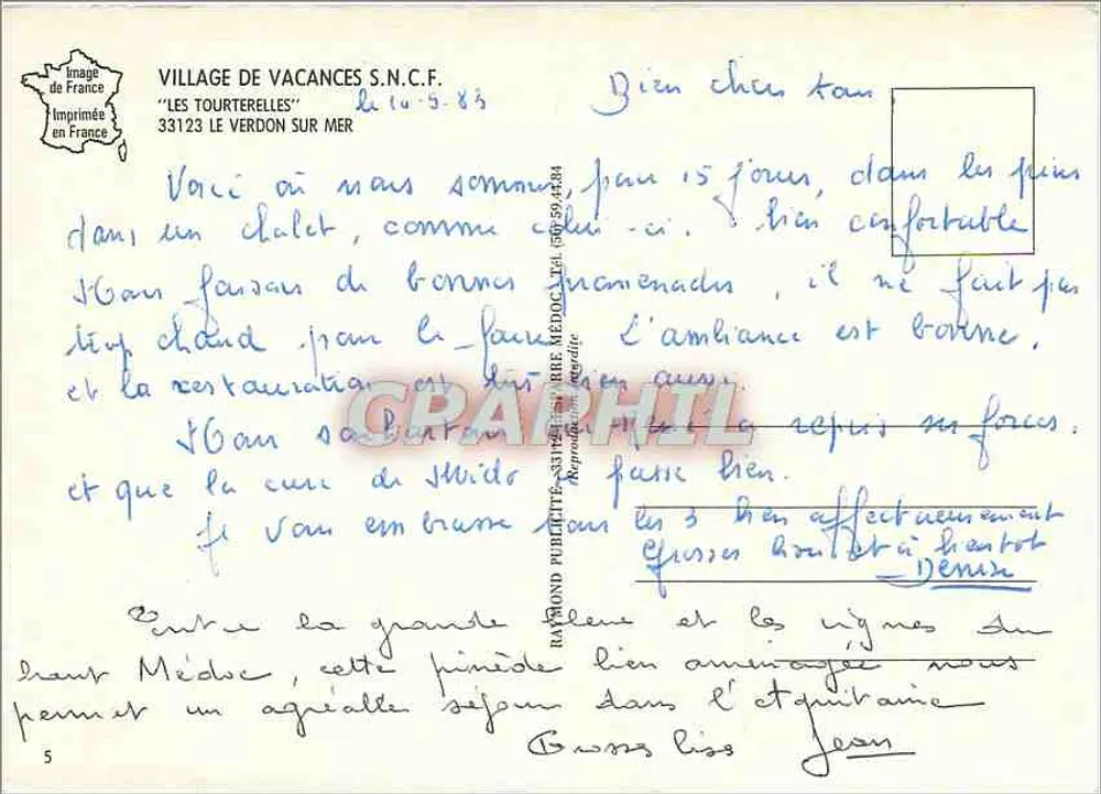 Cabana de madeira entre os pinheiros — Village de Vacances S.N.C.F. 'Les Tourrelles' — Impressa na França - Verso
