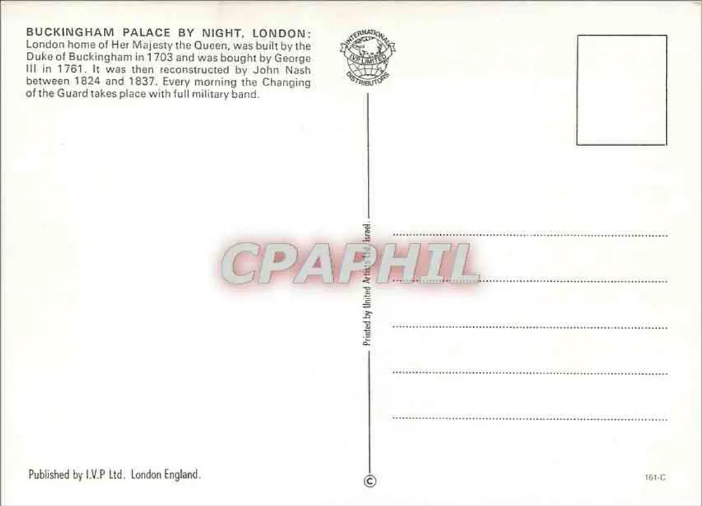 Palácio de Buckingham à noite, Londres — Publicado por I.V.P. Ltd. Londres, Inglaterra, n° 161-C - Verso