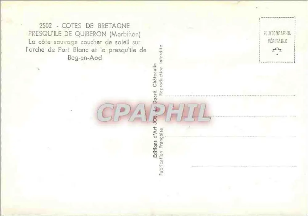 Côte sauvage de Quiberon — coucher de soleil sur l'arche de Port Blanc — Éditions d'Art JOS, Châteaulin - Verso
