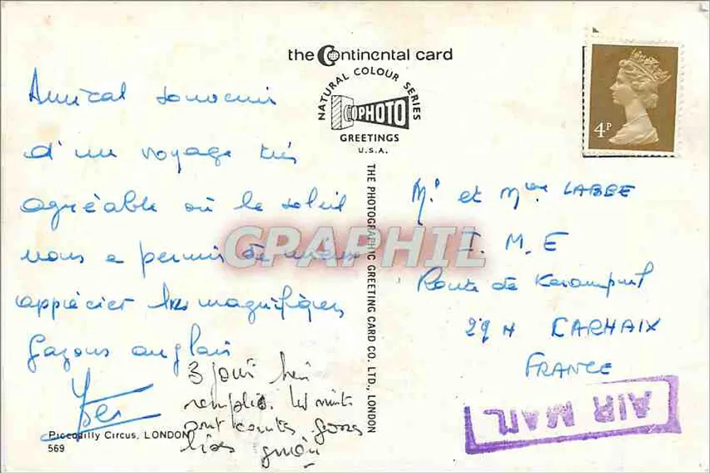 Piccadilly Circus — Londres — editor The Photographic Greeting Card Co. Ltd. n°569 - Verso