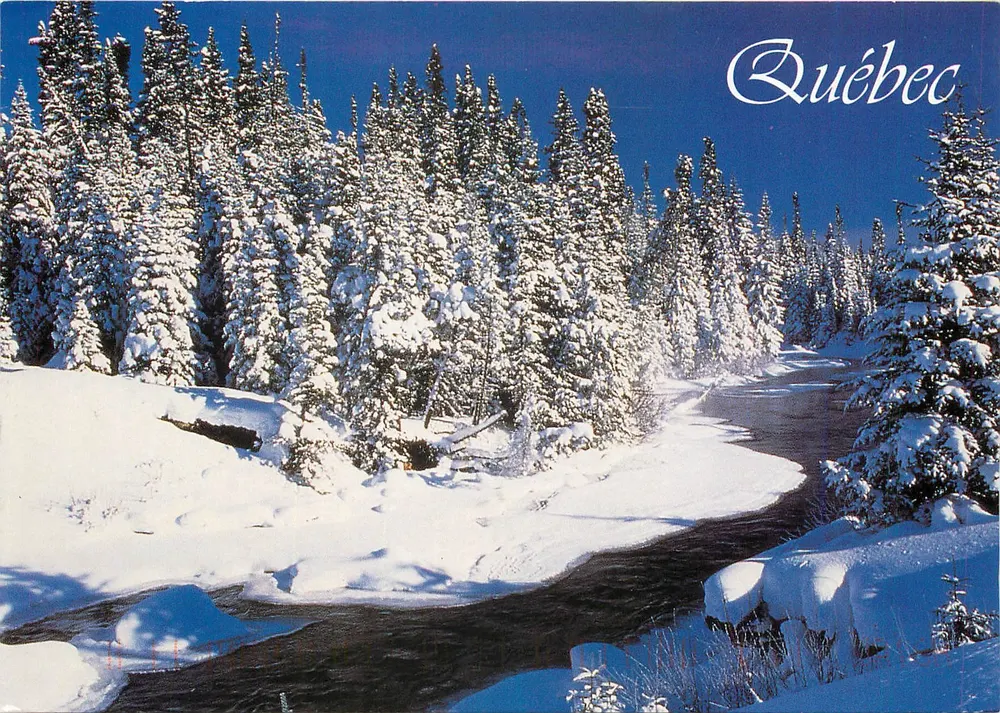 Fluss in einem schneeverdeckten Wald — Québec, Laurentides — Foto von M. Pitre, in Irland gedruckt - Vorderseite