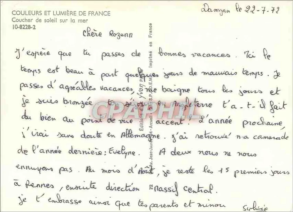 Pôr do sol sobre o mar — Couleurs et Lumière de France, n° 10-8228-2 — Éditions Jean-Jaures d'Arcueil - Verso