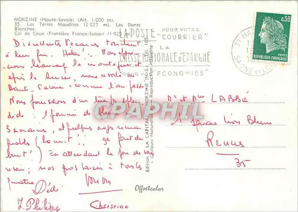 MORZINE (Haute-Savoie, Alt. 1 000 m) — Les Dents Blanches, Col de Coux (Grenze Frankreich-Schweiz) — Edition Offetcolor - Rückseite