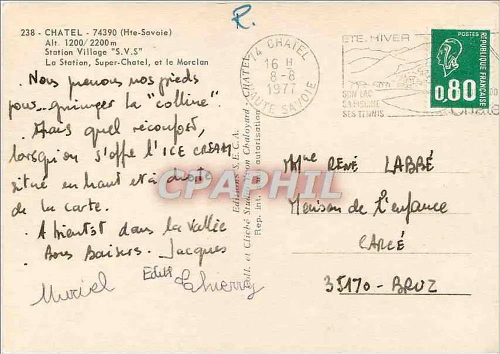 Châtel (Haute-Savoie) — vista aérea del pueblo y del Monte Blanco — Ediciones S.E.C.A. n°238 - Reverso