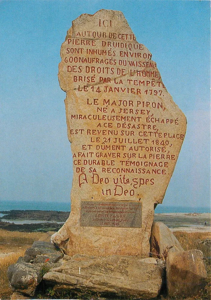 Pierre druidique comemorativa do naufrágio do Vaissaue dos Direitos do Homem — 14 de janeiro de 1797 — editor Pierre ARTAUD & Cie, B.P. 44, 27190 Conches - Frente