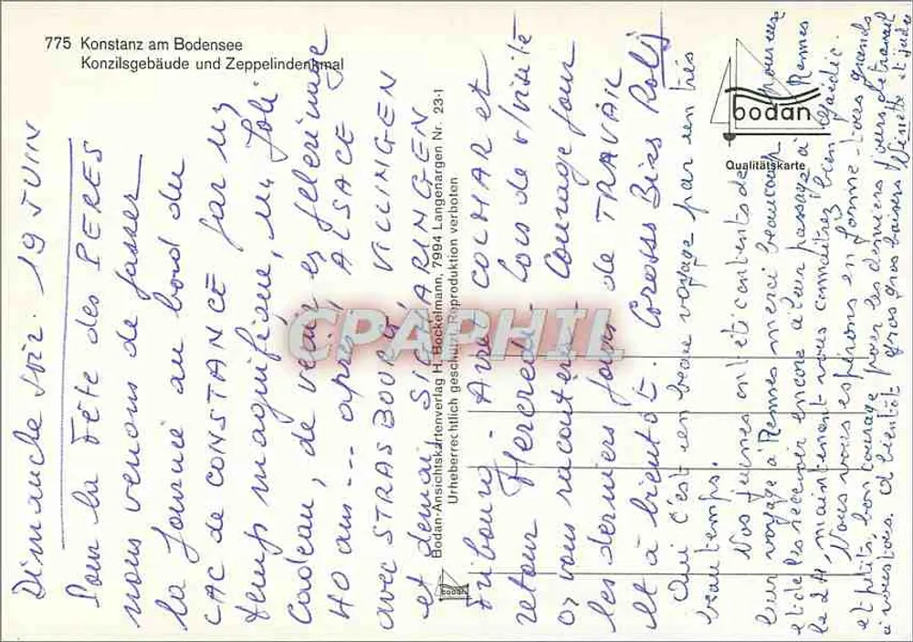 Konstanz am Bodensee — Konzilgebäude und Zeppelinendemal — Bodan Ansichtsverlag H. Böckelmann - Rückseite