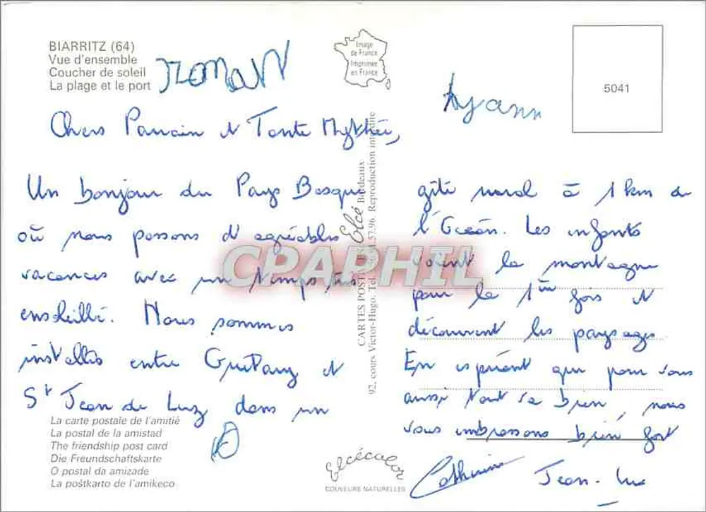 Biarritz — vue d'ensemble, coucher de soleil et phare — Éditeur Elcé, n° 5041 - Verso
