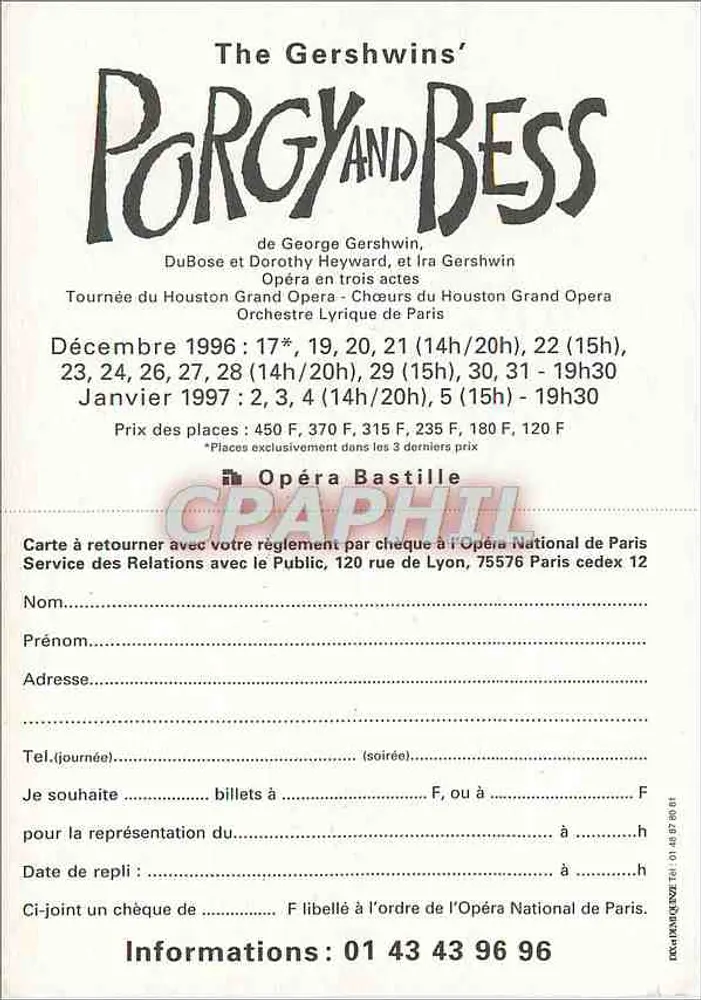 Porgy and Bess — representación en el Ópera Bastille — Ópera Nacional de París - Reverso