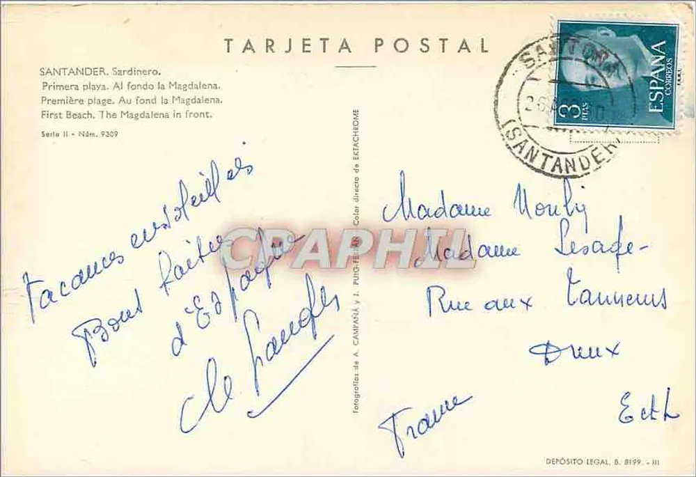 Santander — Pierwsza plaża, z wyspą Magdalena w tle — Série II, N° 9309, Wydawca A. Cámara y J. Pulido - Rewers