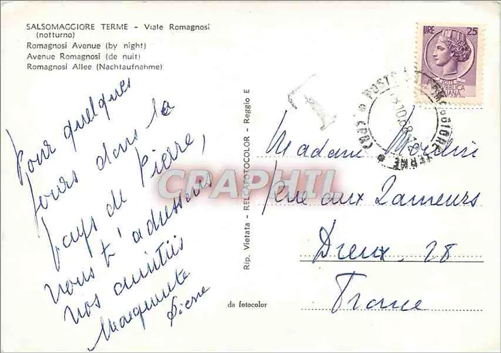 Salsomaggiore Terme - Ansicht des Viale Romagnosi (Nacht) — Verlag Rip. Vietata - Relacolor - Reggio - Rückseite