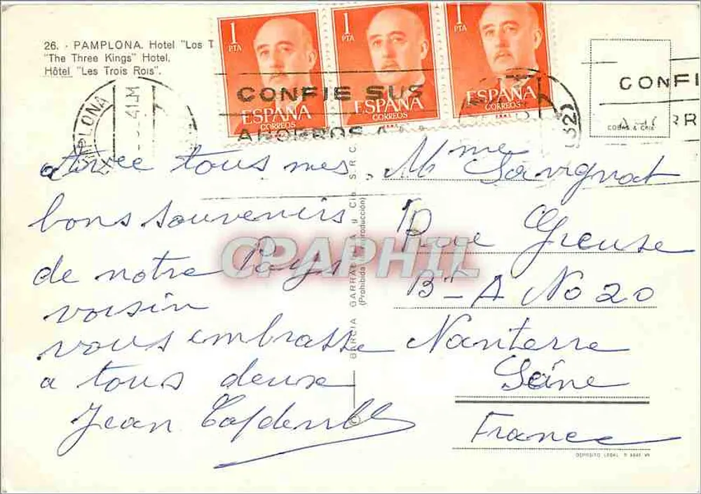 Pamplona — Hotel « Les Trois Rois » e praça central - Verso
