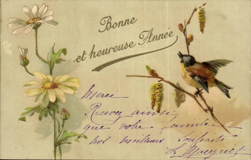 Glückliches und fröhliches Jahr — Vogel und Blumen — Verlag nicht sichtbar - Vorderseite