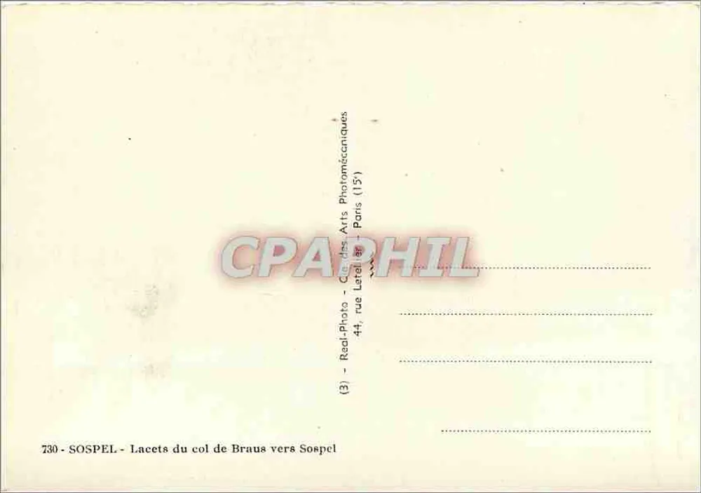 Curvas do colo de Braus em direção a Sospel — Bilhete postal antigo — n°730 - Verso