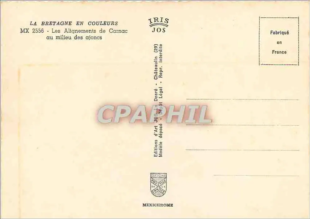 Les Alignements de Carnac — no meio das samambaias — Éditions d'Art Jos, Châteaulin (29) - Verso