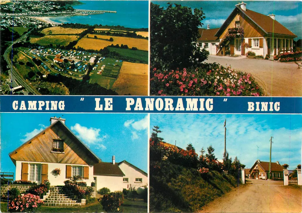 Camping "Le Panoramique" Binic — widok z lotu ptaka, budynki i wejście — wydawca Pierre AFTARD & Cie - Awers