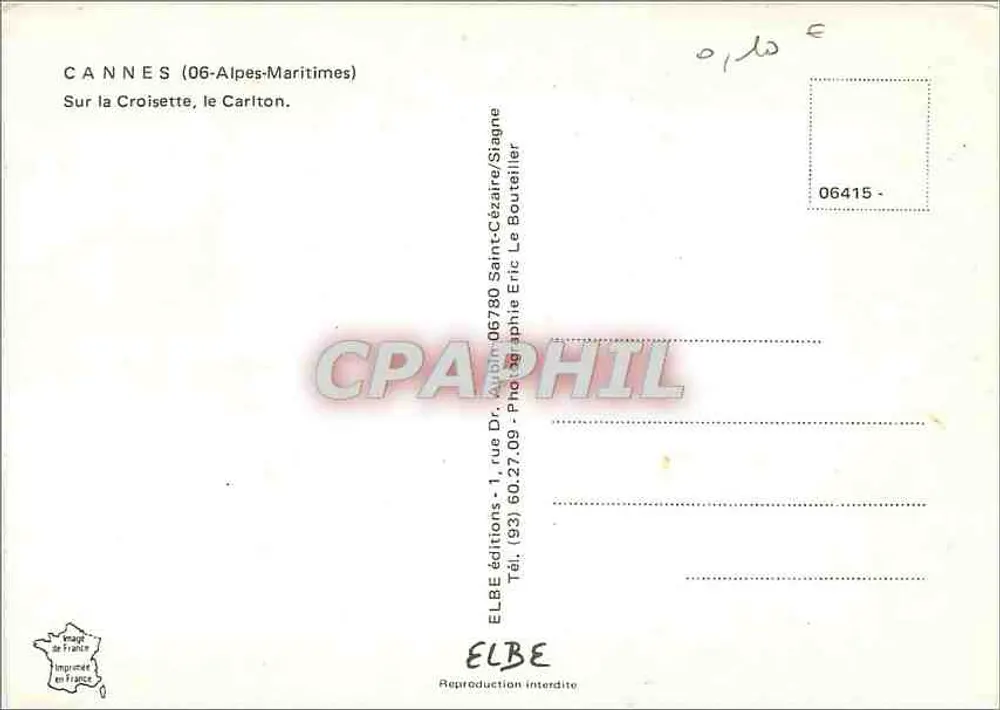 Cannes - Le Carlton — éditeur ELBE, n° de série 06415 - Verso