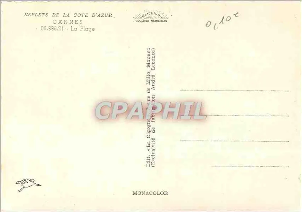 Cannes - A Praia — Hotel Carlton — Ed. La Cigogne - Verso