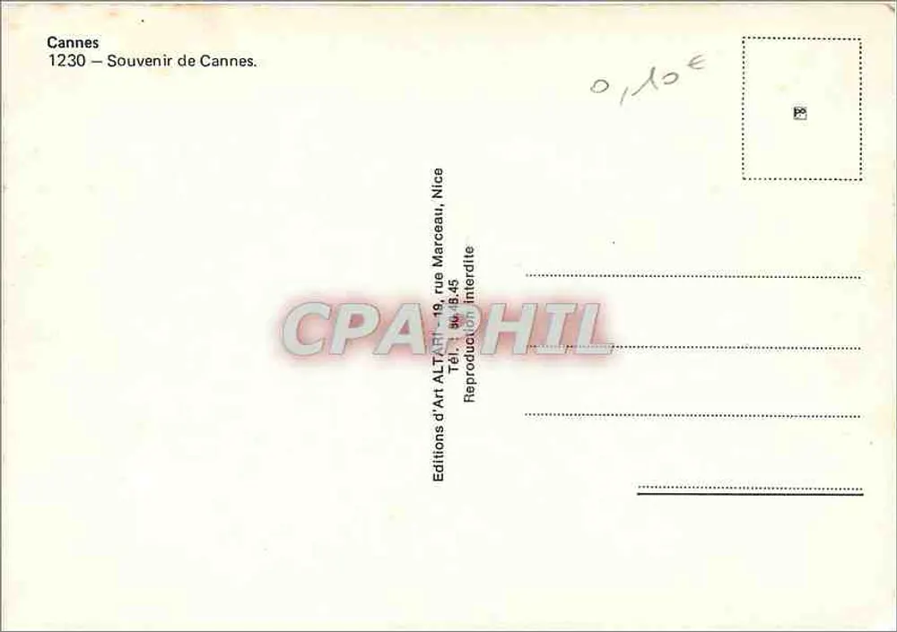 Cannes — Lembrança de Cannes — Edições de Arte ALTARIN, Nice - Verso