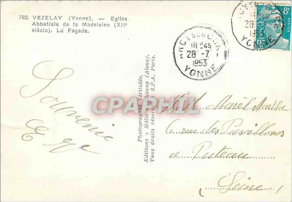 Vézelay (Yonne) — Abbatiale de la Madeleine (século XII). Fachada — Edições Mélie Mauny (Atene) n°782 - Verso