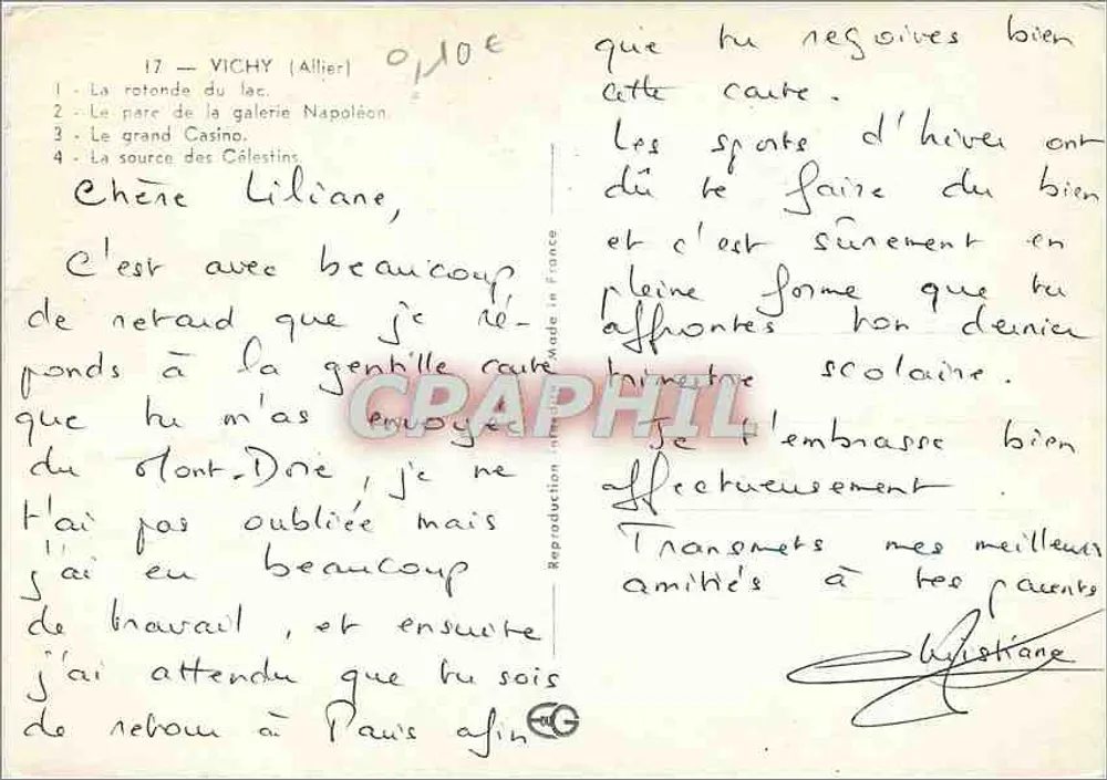 Vichy — Vista da rotonda do lago, do parque da galeria Napoléon, do grande Casino e da fonte dos Célestins — Editor não identificado, n° de série 17 - Verso