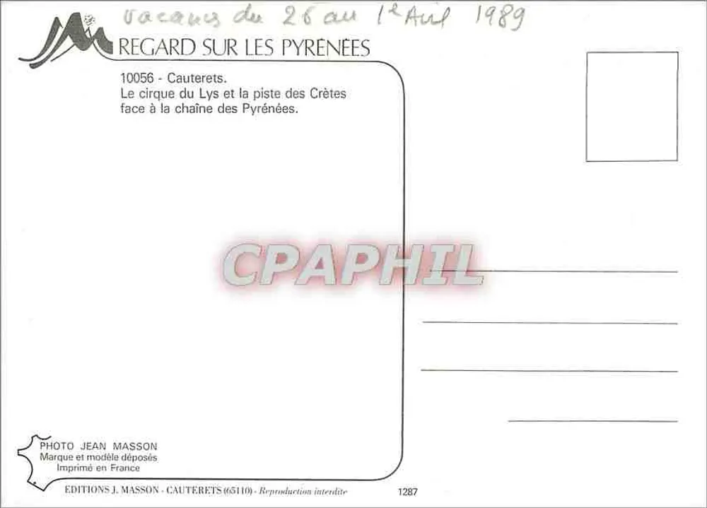 Cirque du Lys — Piste des Crêtes — Éditions J. Masson, Cauterets - Verso