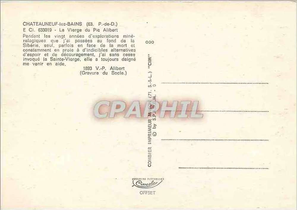 Die Jungfrau vom Pic d'Alibert — Châteauneuf-les-Bains (63) — Verlag Combier - Rückseite