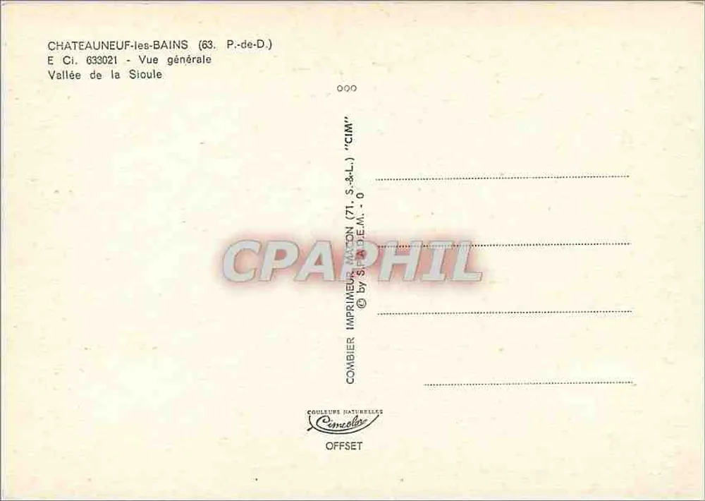 Châteauneuf-les-Bains — Vallée de la Sioule — Imprimeur Combier - Verso