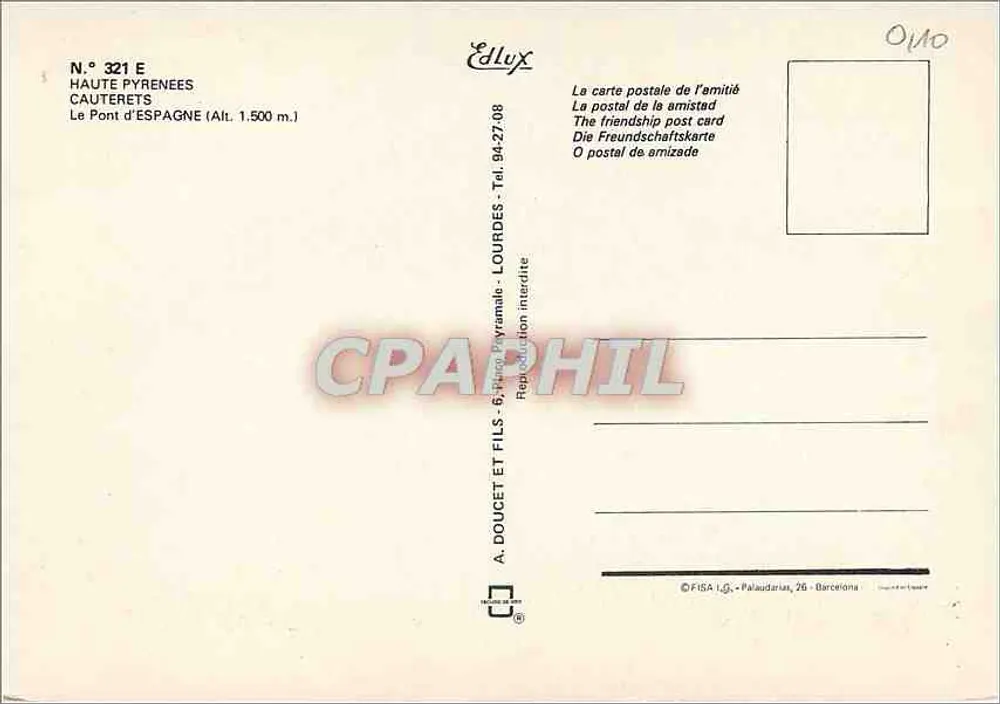 Ponte d'Espagna — Cauterets (1.500 m) — A. Doucet e Figlio, Lourdes - Verso