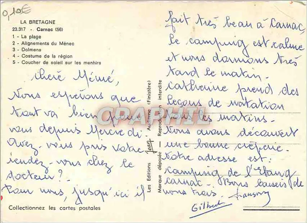 Carnac — Praia, alinhamentos de menires, dolmenes, traje local, pôr do sol — Edições Gilibert - Verso