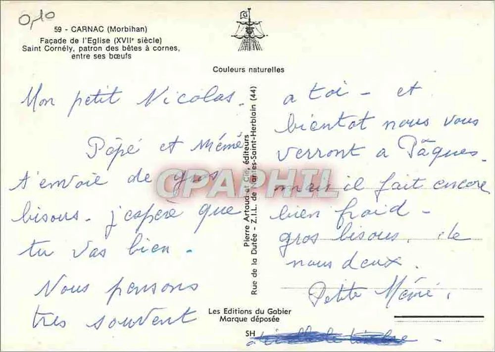 Carnac (Morbihan) — Fachada da igreja do século XVII, São Cornély, padroeiro das criaturas com chifres — Pierre Artour e Cie editores - Verso