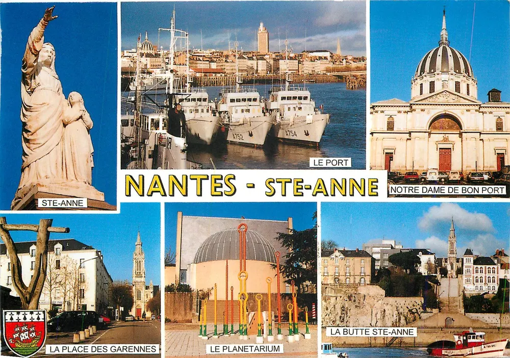 NANTES - STE-ANNE — vista panorâmica com a estátua de Santa Ana, o porto, a catedral Nossa Senhora do Bom Porto, a praça das Garennes e o Planetário — Edições Miegeville - Frente