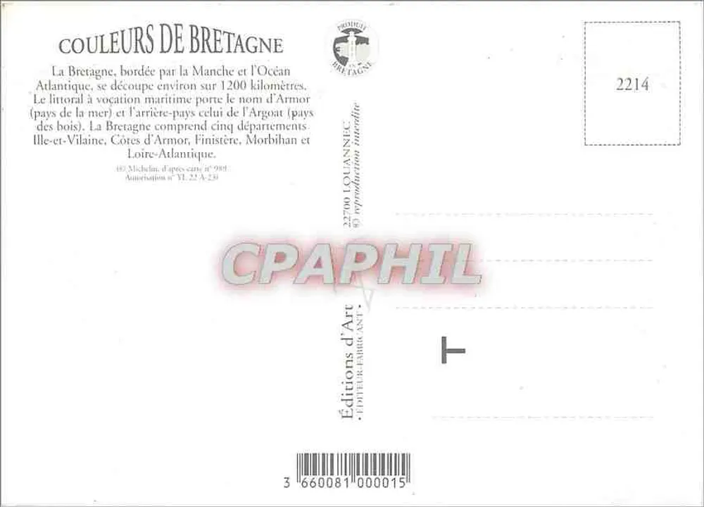Ansichtskarte von der Bretagne — geografische Karte mit Illustration zweier Kinder — Éditions d'Art Bretonne, n° 2214 - Rückseite