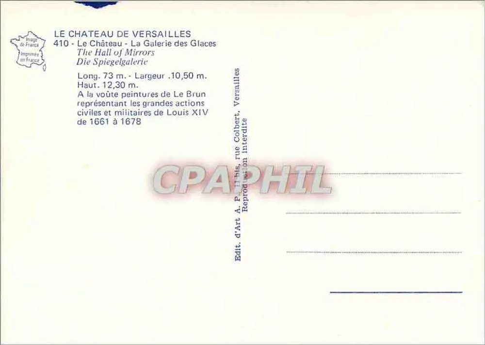 Schloss Versailles — Galerie der Spiegel — Verlag A. P. Paris, n° 410 - Rückseite