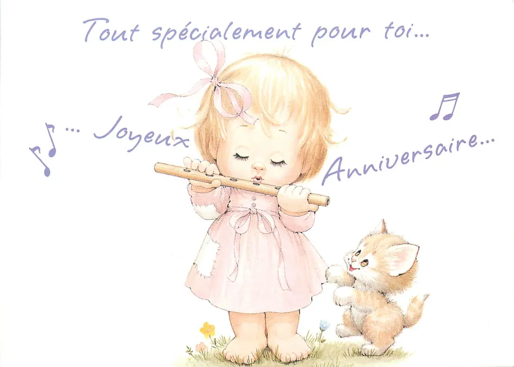 Menina tocando flauta com um gatinho — Aniversário — Morehead Inc. n°5419610000390 - Frente