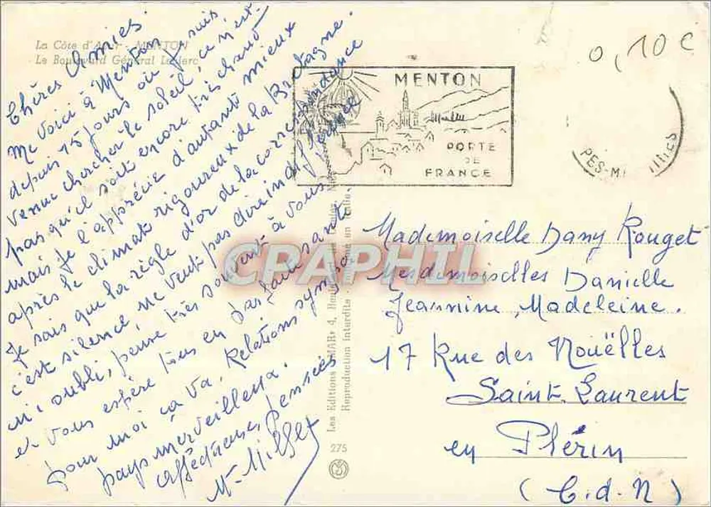 Menton — vista da Costa Azul — Les Éditions Général La Barca, n° 275 - Verso
