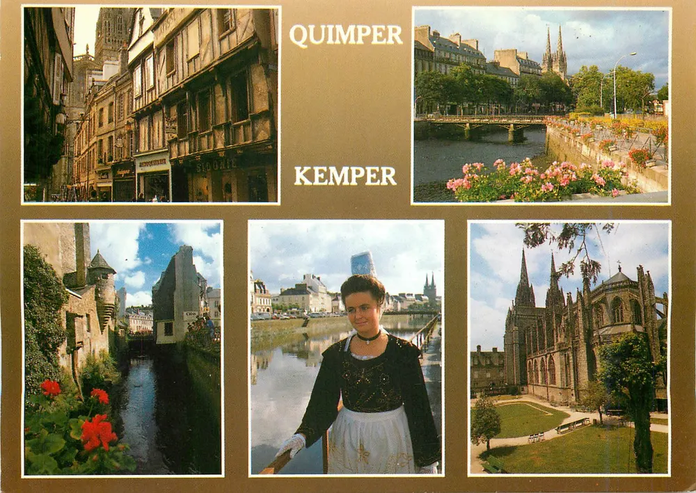Quimper — Velhas casas, torre de vigilância no Steir, catedral de St-Corentin, traje regional — Edições de Arte 'Jack' Louannec - Frente