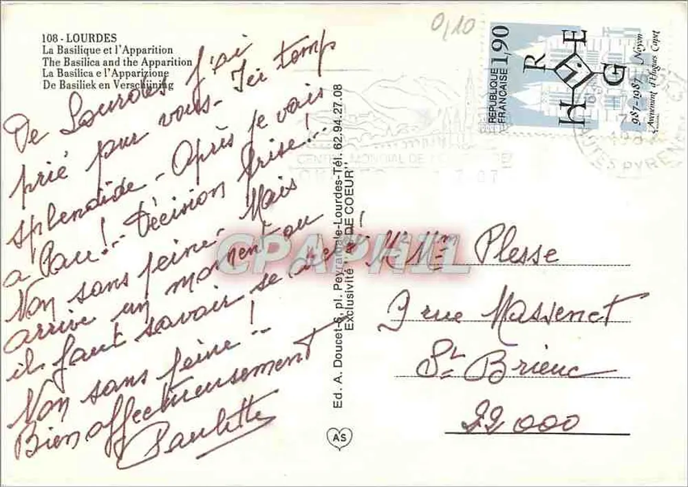 Lourdes — Aparecimento da Virgem — Ed. A. Doucet, pl. Peyrane, Lourdes - Verso